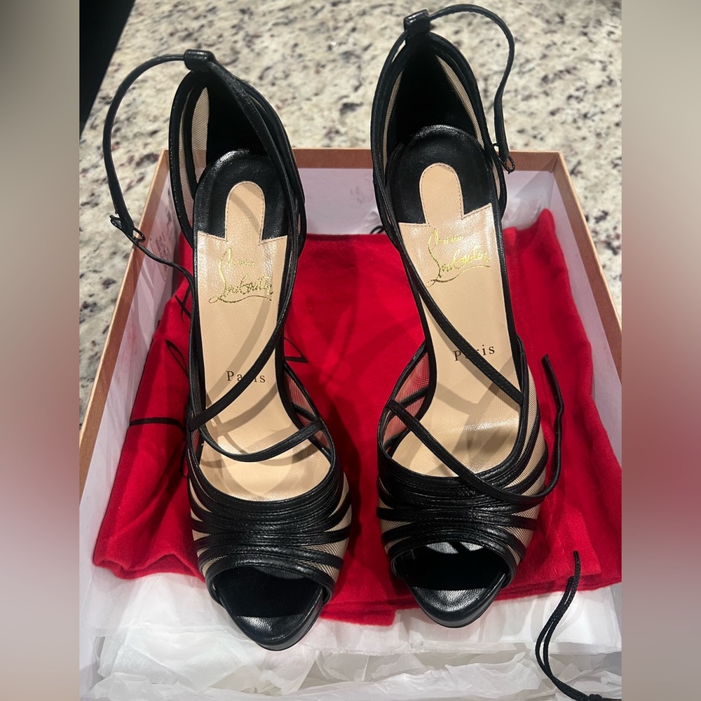 Christian Louboutin Mesh Filamenta Black Leather Heels